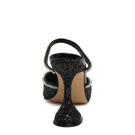 Black sparkly spool heel shoes with shiny embellishments for elegant evening wear