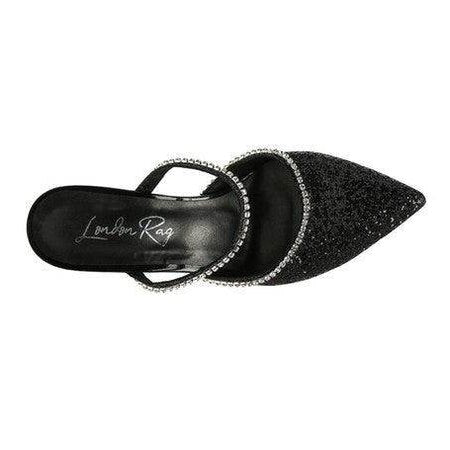 Stylish black sparkly spool heel shoes with rhinestone accents for elegant occasions
