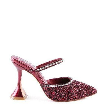 Rag Company sparkly spool heel shoes in red with decorative rhinestones and a chic design
