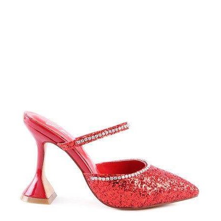 Stylish sparkly spool heel shoes in red with a pointed toe and elegant strap for any occasion