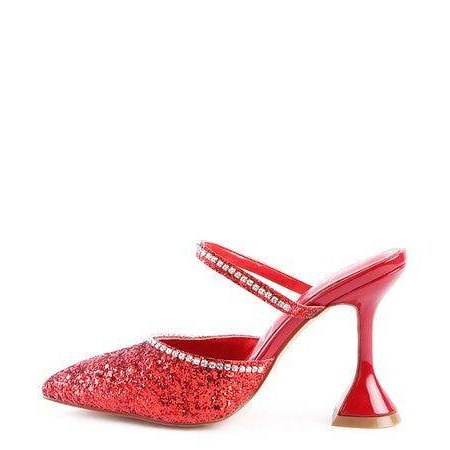 Red sparkly spool heel shoes by Rag Company with elegant design and stunning glitter detailing