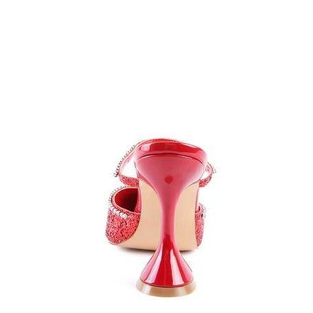 Back view of sparkly spool heel shoes in red with a glossy finish, perfect for special occasions
