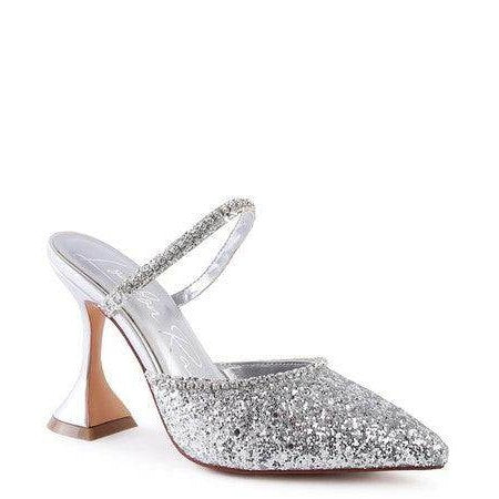 Rag Company sparkly spool heel shoes in silver with a chic pointed toe and stylish ankle strap