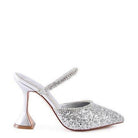 Stylish women's sparkly spool heel shoes with a unique design and silver glitter finish