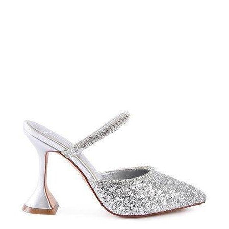 Stylish women's sparkly spool heel shoes with a unique design and silver glitter finish