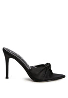 Rag Company vacation high heeled sandals in sleek black satin with a stylish knot design