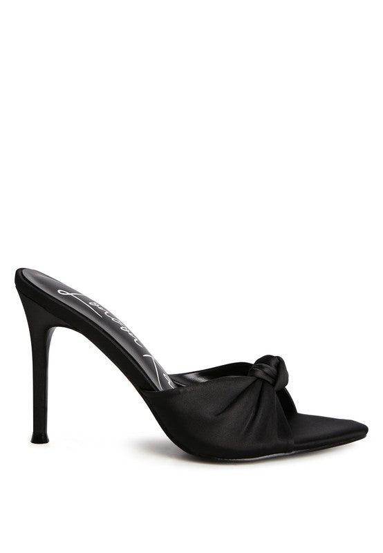 Rag Company vacation high heeled sandals in sleek black satin with a stylish knot design