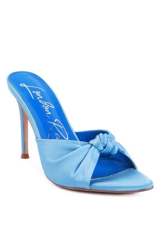 Rag Company vacation high heeled sandals in blue satin with a stylish knot detail