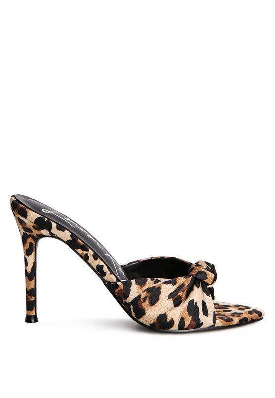 Rag Company leopard print vacation high heeled sandals with a stylish knot design and stiletto heel