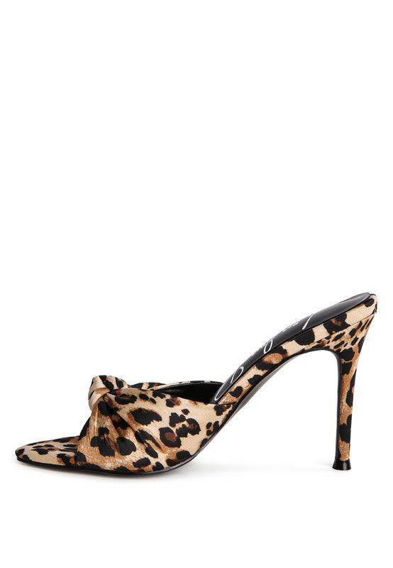Rag Company leopard print vacation high heeled sandals with a stylish knot design