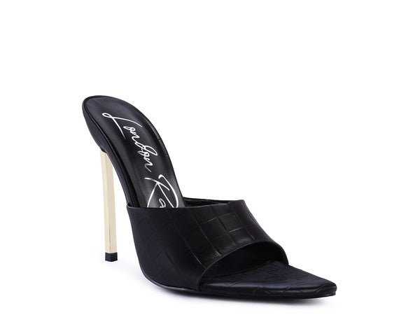 Rag Company pointed high heel sandals for women, black faux leather, stylish evening wear