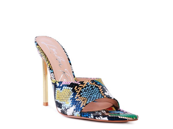 Rag Company pointed high heel sandals for women in colorful snake print
