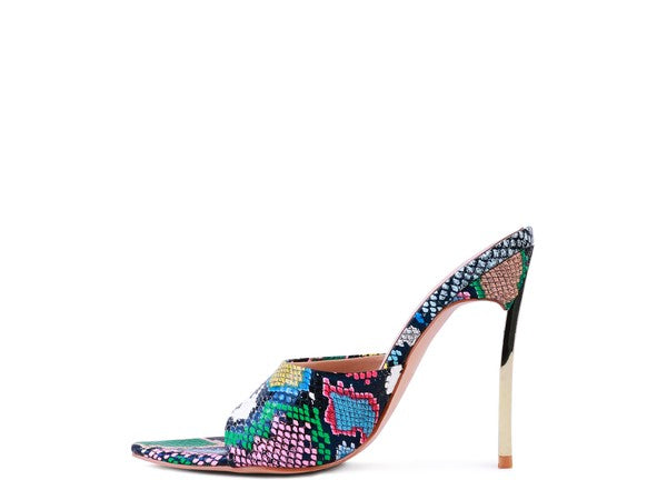 Rag Company pointed high heel sandals for women in vibrant floral pattern