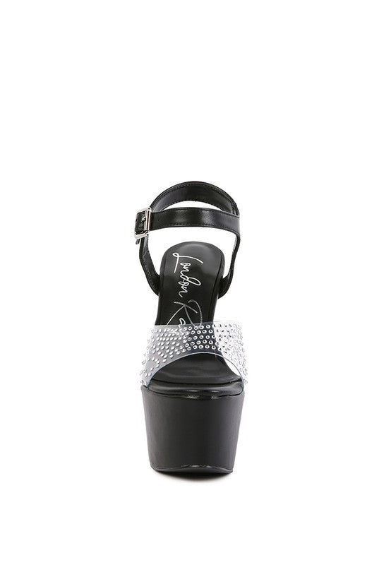 Rag Company clear ultra high heel sandals with rhinestone embellishments