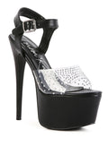 Rag Company clear ultra high heel sandals with black platform for elegant evenings