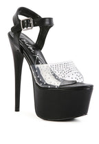 Rag Company clear ultra high heel sandals with black platform for elegant evenings