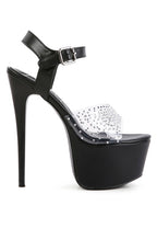 Black clear ultra high heel sandals with rhinestone embellishments