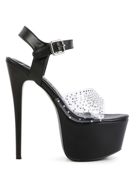 Black clear ultra high heel sandals with rhinestone embellishments