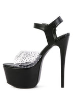Rag Company clear ultra high heel sandals with black straps and embellished detail