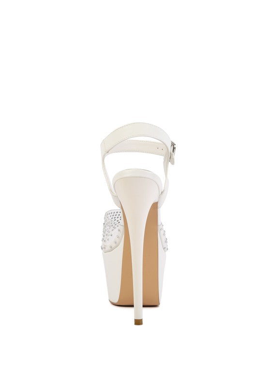 clear ultra high heel sandals with a sleek white finish for elegant occasions