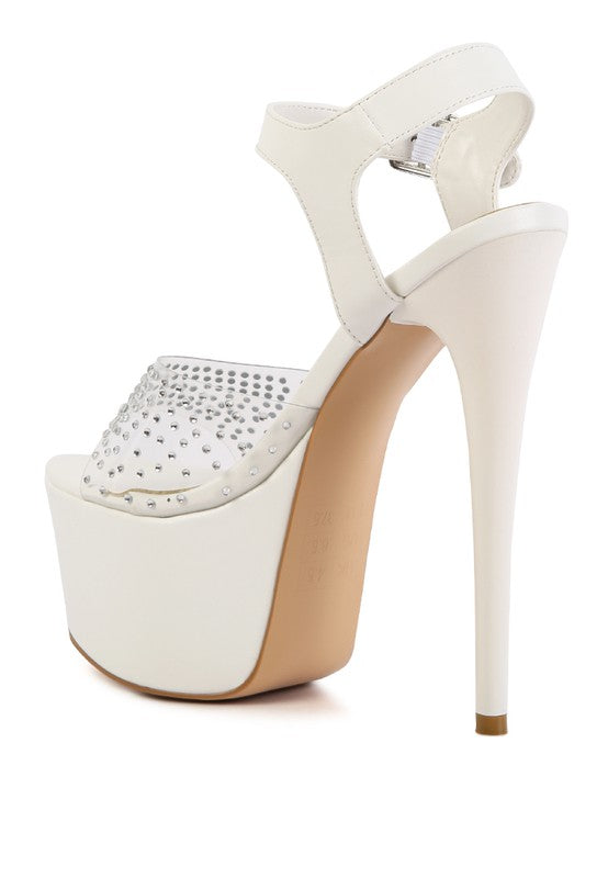 Women's clear ultra high heel sandals with rhinestone embellishments for elegant occasions