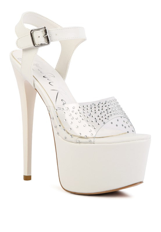 Women's clear ultra high heel sandals with rhinestone accents