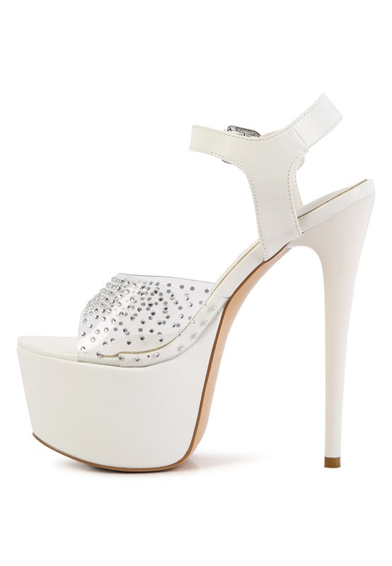 Women's clear ultra high heel sandals with rhinestones and platform design