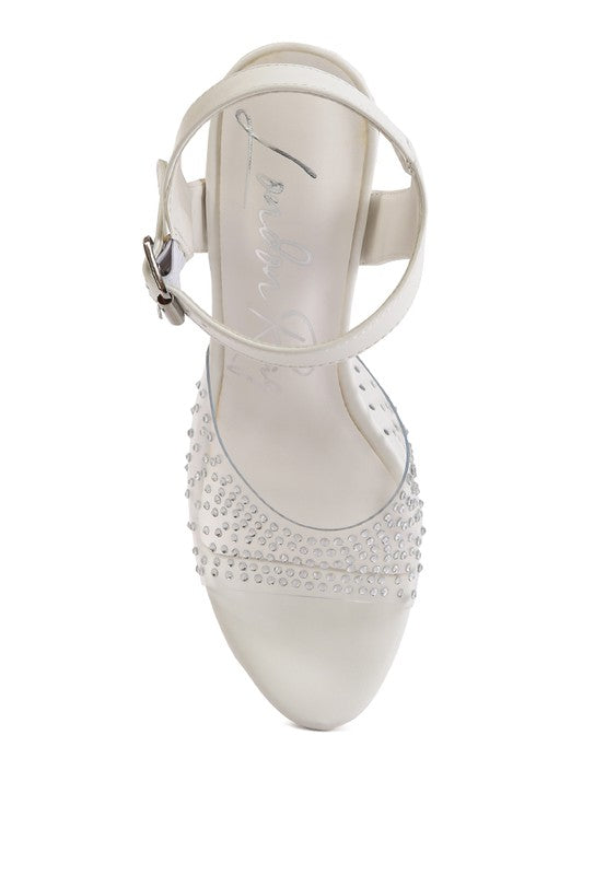 Women's clear ultra high heel sandals with rhinestone embellishments