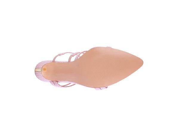 Underside view of Rag Company croc metal high heels with a stylish pointed toe design