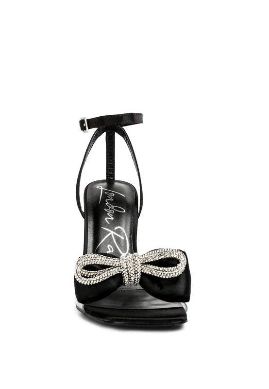 Women's heeled sandals with bow, black satin and diamond accents