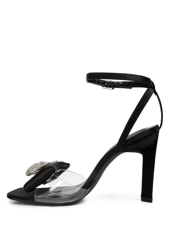 Women's heeled sandals with bow, black, clear straps, elegant for parties