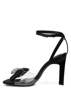 Women's heeled sandals with bow, black, clear straps, elegant for parties