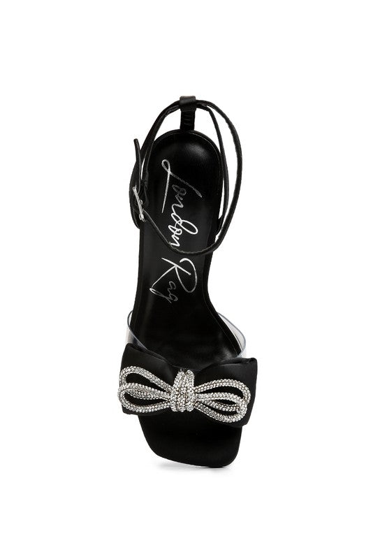 Women's heeled sandals with bow, black satin, elegant for evening events
