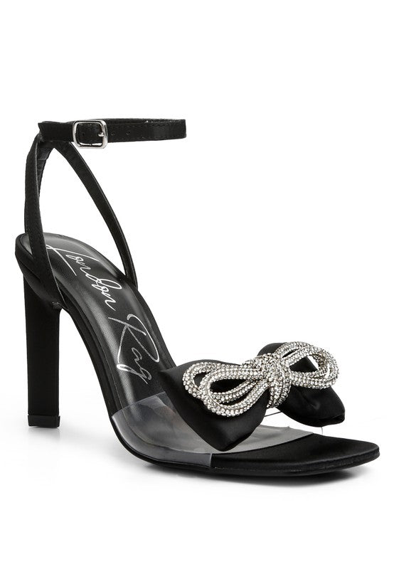 Women's heeled sandals with bow, black satin, perfect for evening events