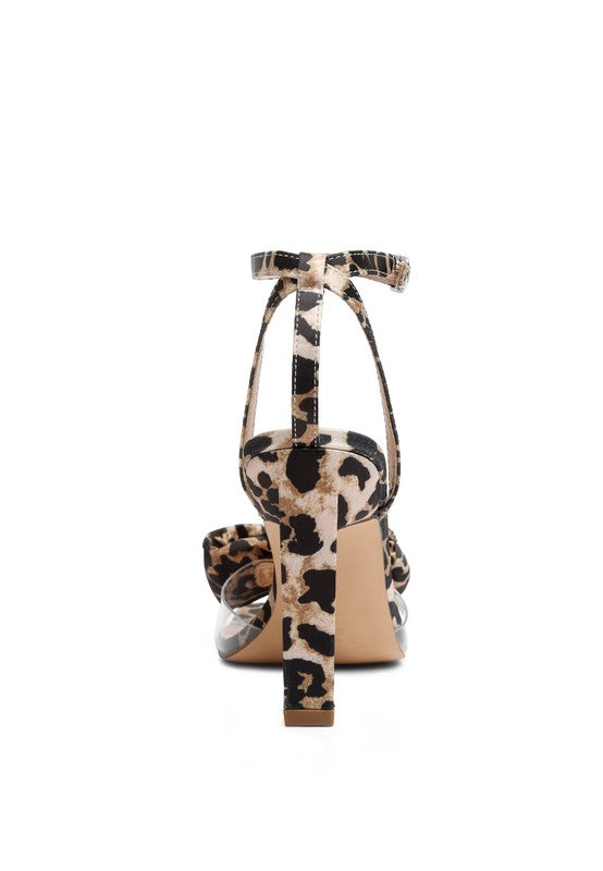 Rag Company women's heeled sandals with bow in leopard print, perfect for elegant outings