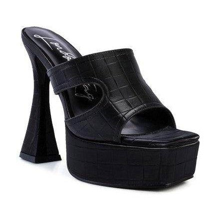 Rag Company stylish vacation footwear Black Platform Heels with Open Toe Design and Unique Heel Shape