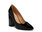 Elegant black pumps for women with a glossy finish and high block heels for stylish occasions