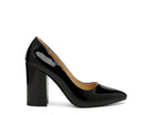 Elegant black pumps for women with a glossy finish and a sturdy block heel for stylish comfort