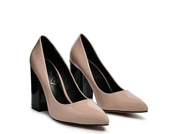Stylish block-heeled elegant black pumps for women with a glossy finish and pointed toe design