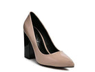 Stylish nude block heel shoes ideal for pairing with outfits, featuring elegant black pumps for women.