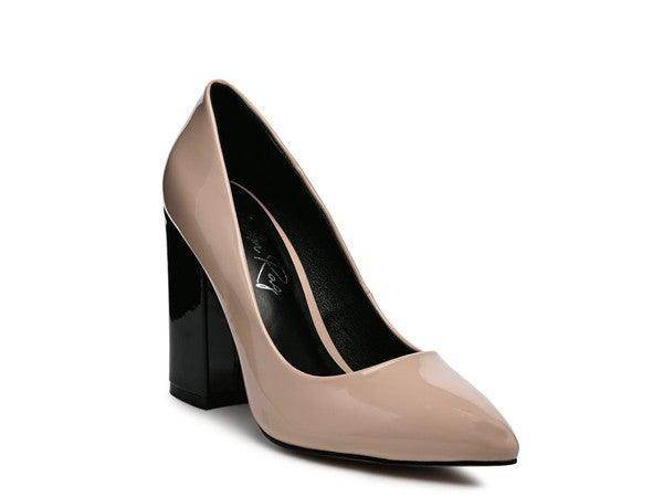 Stylish nude block heel shoes ideal for pairing with outfits, featuring elegant black pumps for women.
