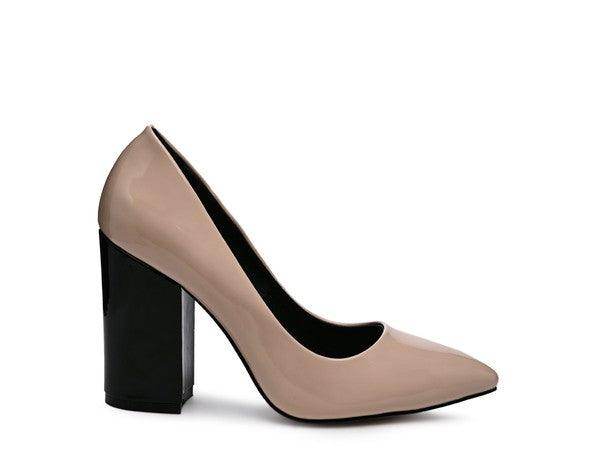 Stylish beige high heel featuring a black block heel, perfect for pairing with elegant black pumps for women