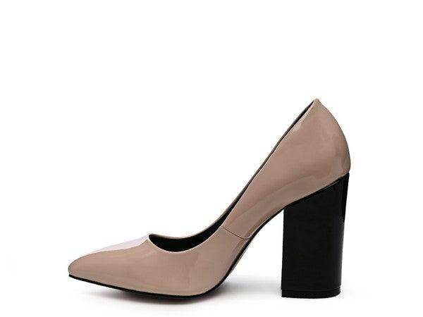 Stylish nude heels with a chunky black heel, ideal as elegant black pumps for women