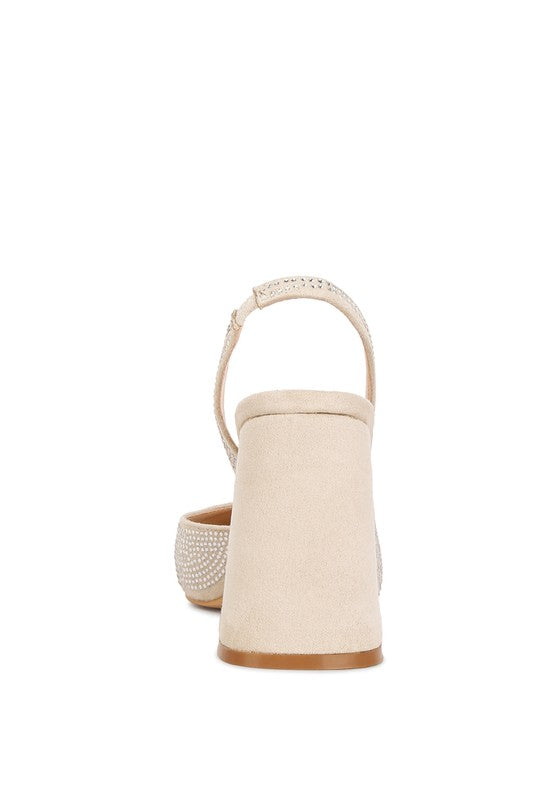 Women's beige rhinestone embellished heel sandals, perfect for special occasions