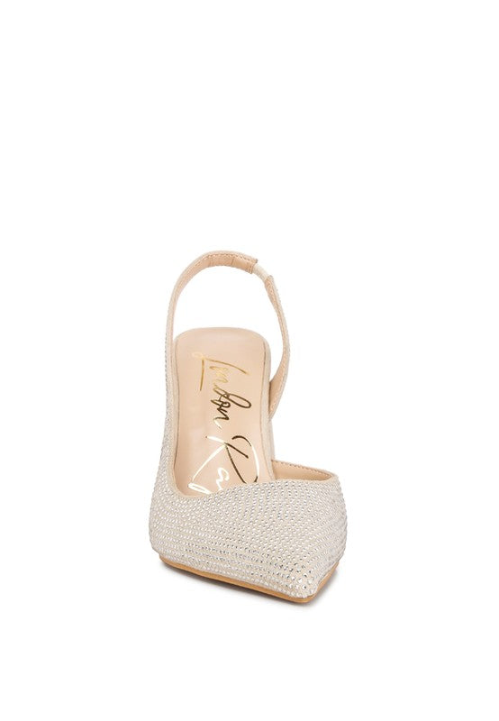 Women's rhinestone embellished heel sandals in shimmering gold for special occasions