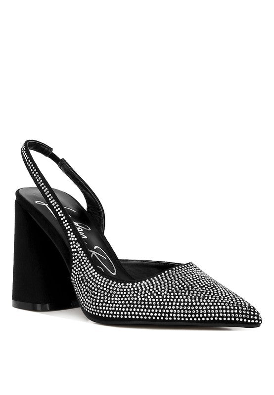 Women's rhinestone embellished heel sandals, stylish black, perfect for parties