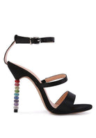 Black satin ball heel shoes with a sparkling rainbow beaded heel and elegant straps for a stylish look