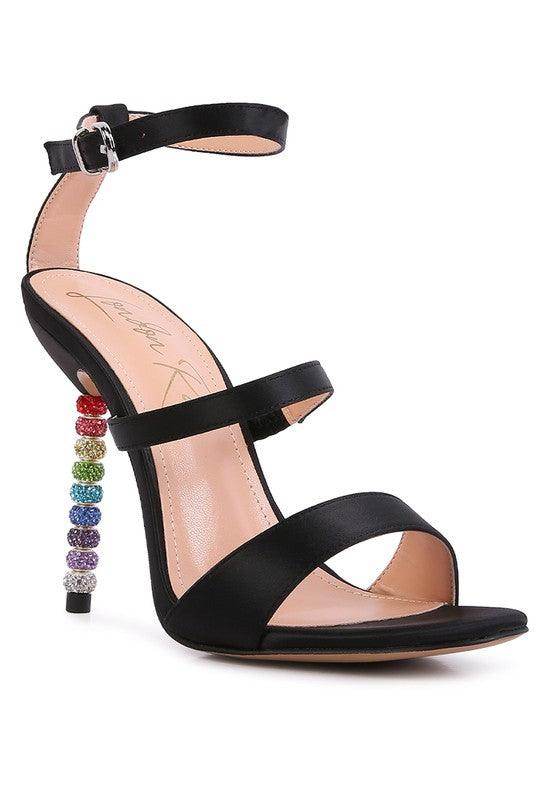 Elegant black satin ball heel shoes with colorful jeweled statement heel for stylish women