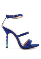 Rag Company satin ball heel shoes in blue with ankle strap and beaded heel for stylish elegance