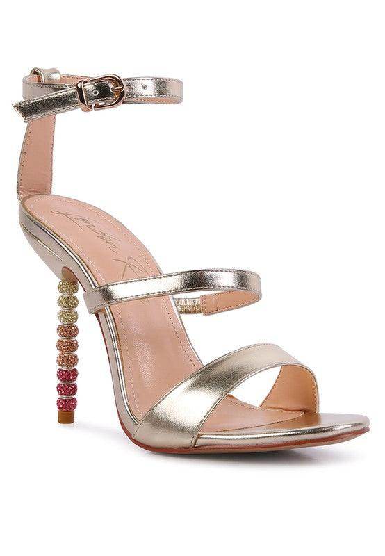 Rag Company Satin Ball Heel Shoes with Shiny Gold Straps and Colorful Beaded Heel